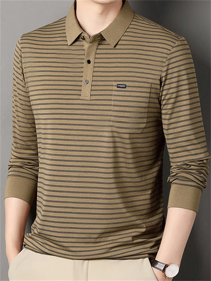Men's Casual Stripe Pockets Lapel Long Sleeve Shirts