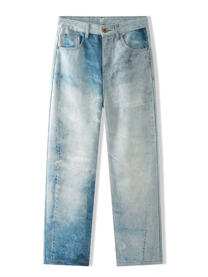 High Street Contrast Color Straight Leg Washed Denim Jeans for Men