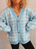 Women's Contrast Color Houndstooth Single Breasted Cardigan Sweater