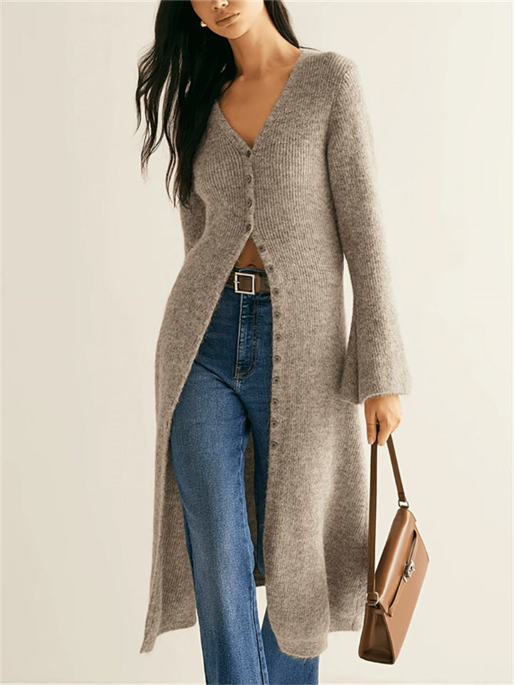 ‌Women's Stylish V Neck Buttons Long Cable Knit Cardigan Winter Warm‌ Sweaters