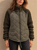 Women Quilted Knit Sleeve Jacket Zip Up Stand Collar Winter Coat