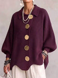 Women Oversized Knit Cardigan Gold Button Collared Sweater