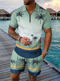 Men's 2 Piece Summer Holiday Style Print Quarter Zip Polo Shirt Shorts Outfits
