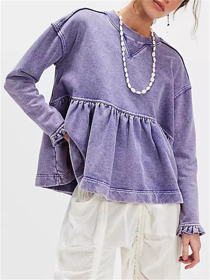 Women's Solid Color Round Neck Ruffled Hem Long Sleeve Sweatshirts