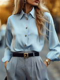 Women's Elegant Blue Solid Color Button Up Lapel Long Sleeve Blouses