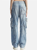 Korean Style Women's Wide Leg Cargo Ripped Denim Pants