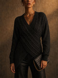 Women Stylish Wrap V Neck Cable Knit Pullover Sweaters