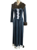 Women's Vintage Velvet Faux Fur Shawl Collar Maxi Dress with White Lace Trim‌