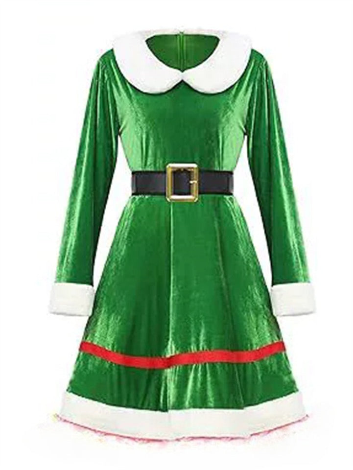 Women's Contrast Color Green Knee Length Velvet Dress with Socks & Hat Set