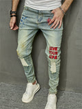 Men's Retro Letter Spider Web Embroidered Blue Jeans