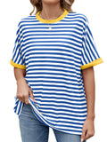 Women's Casual Contrast Color Striped Round Neck Short Sleeve T-Shirts