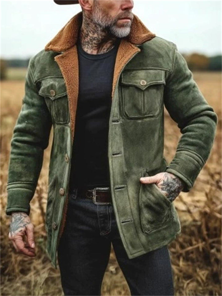 ‌Men's Winter Warm‌ Green Single Breasted Suede Fleece Lined Coat
