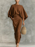 Women's Boho Casual Wear 2 Piece Set Bell Sleeve Crop Top and Draped Skirt Set