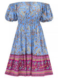 Bohemian Off Shoulder Puff Sleeve Print Beach Dress for Lady