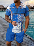 Men's 2 Piece Summer Holiday Style Print Quarter Zip Polo Shirt Shorts Outfits