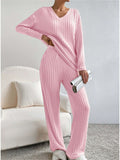 Women's Comfy V Neck Long Sleeve Ribbed Knit Top & Pants Outfits