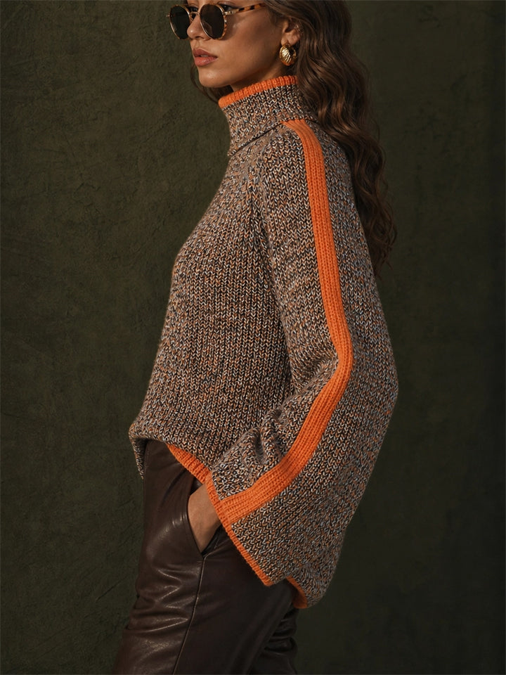 Women Marled Knit Contrast Stripe Mock Neck Sweaters