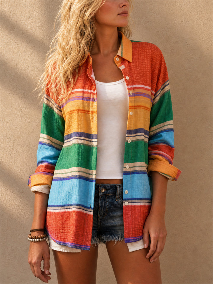 Women Colorful Striped Button Down Long Sleeve Blouses