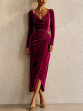 Women Elegant Velvet Cowl Neck Long Sleeve Ruched Midi Dress