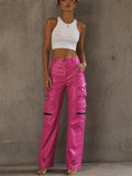 Women's Hot Pink Faux Leather High Waist Wide Leg Cargo Pants