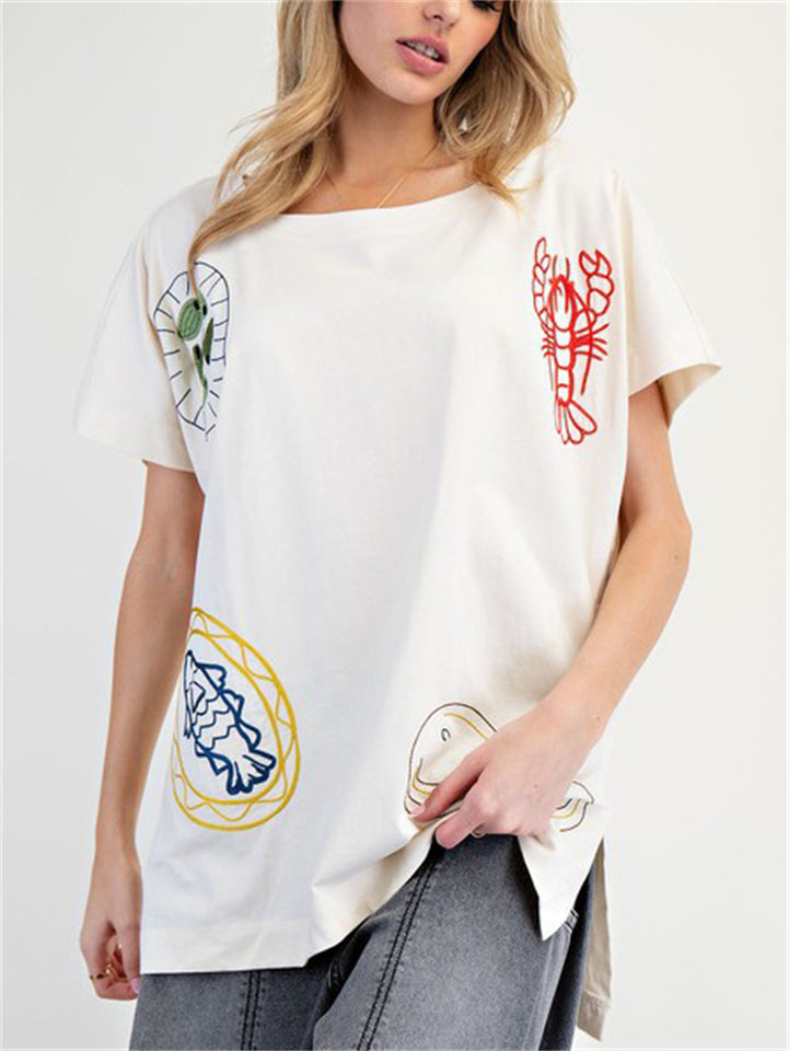 Women's Cartoon Embroidery Asymmetric Hem Short Sleeve Loose T-Shirt