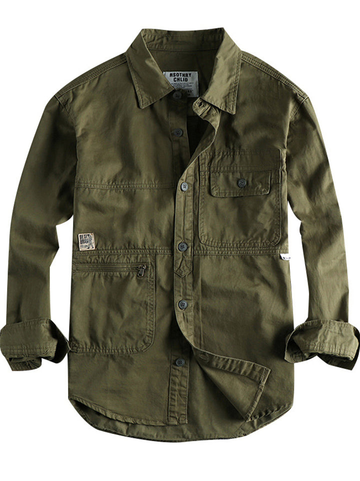 Men's Retro Distressed Solid Color Long Sleeve Cargo Shirts