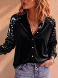 Women Sequin Velvet Button Down Long Sleeve Party Blouse