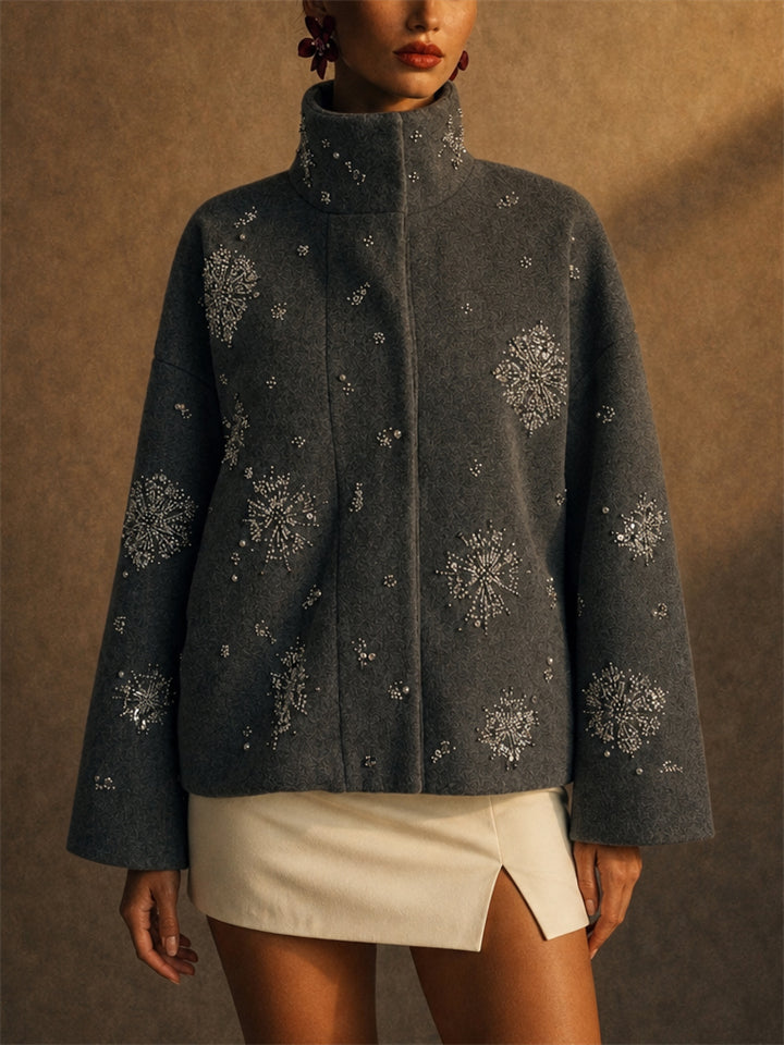 Women Grey Beaded Snowflake Stand Collar Wool Blend Jackets