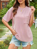 Women's Solid Color Stripe Pockets Short Sleeve Shirts