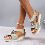 Women's Retro Snake Print Metal Ring Roman Wedge Sandals