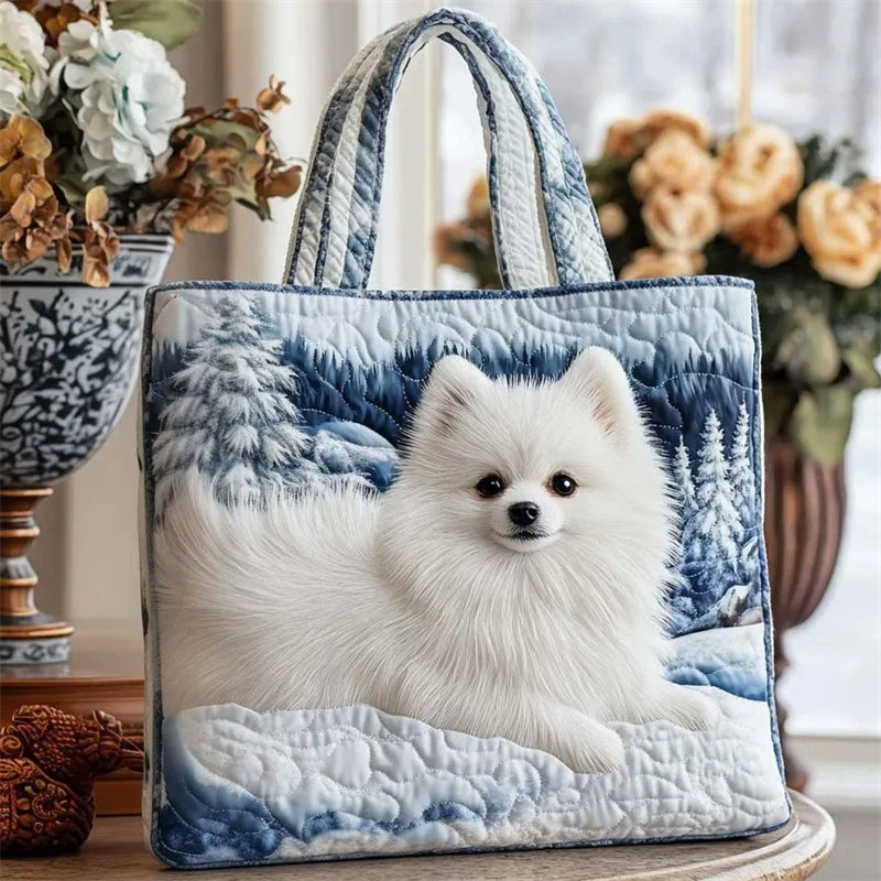 Pomeranian Dog Winter Scene Canvas Tote Bag