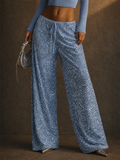 Women Simple Sequin Wide Leg Pants High Waist Party Trousers