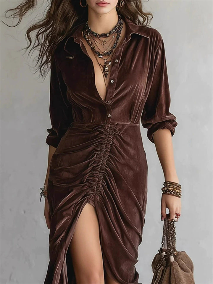 ‌Women's Vintage Brown Sexy Velvet Buttons Pullover Split Dress