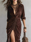 ‌Women's Vintage Brown Sexy Velvet Buttons Pullover Split Dress