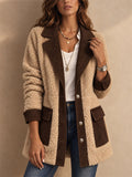 Women Color Block Fleece Button Down Teddy Jacket with Pockets
