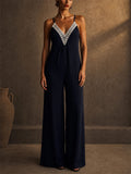 Women Black Lace V Neck Tie Back Wide Leg Summer Jumpsuit