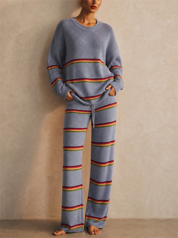 Women Striped Ribbed Knit 2 Piece Sweater Wide Leg Pants Set