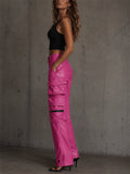 Women's Hot Pink Faux Leather High Waist Wide Leg Cargo Pants