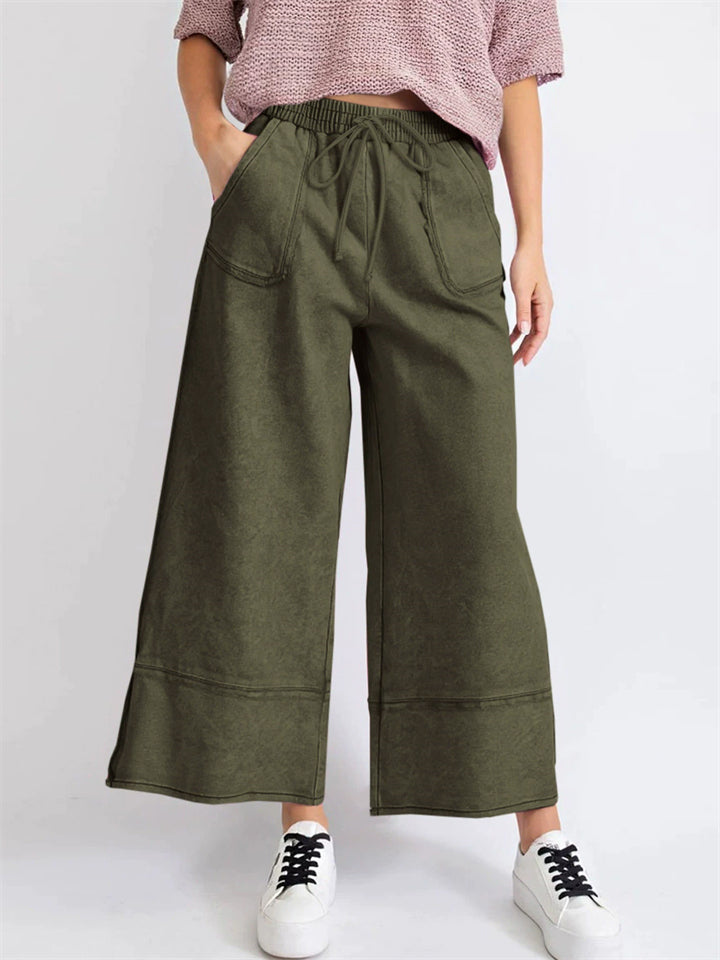 Women's Vintage Distressed Solid Color Elastic Waist Wide Leg Pants