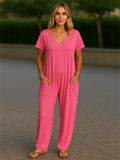 Women's Summer Solid Color V Neck Pockets Drop Crotch Jumpsuits