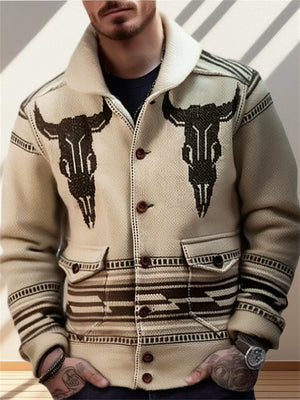 Men's Khaki Autumn Jacquard Pockets Button Up Cardigan Sweaters