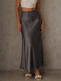 Women High Waist Satin Drawstring Flowy Silky Midi Skirt
