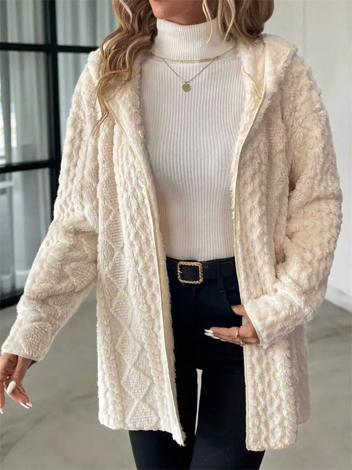 Women's Autumn Solid Color Diamond-shaped Pattern Hooded Cardigan Coat
