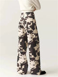 ‌Trendy Women's High-Waist Loose Fit Cow Print Straight Leg Denim Pants