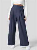 Women's Casual Solid Color Pleated High-Waist Drape Wide Leg Pants