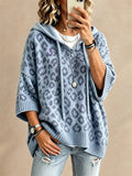 Women Leopard Print Oversized Pullover Hooded Poncho Knit Sweater
