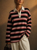 Women's Striped Rugby Shirt Long Sleeve Oversized Polo Top