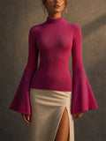 Womens Stylish Slim Fit Mock Neck Bell Sleeve Ribbed Knit Top