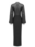 Sexy Trendy Black Mesh Patchwork Button Up Split Dress for Women