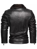 Men's Motorcycle Style Faux Leather Jacket with Faux Fur Collar and Flap Pockets